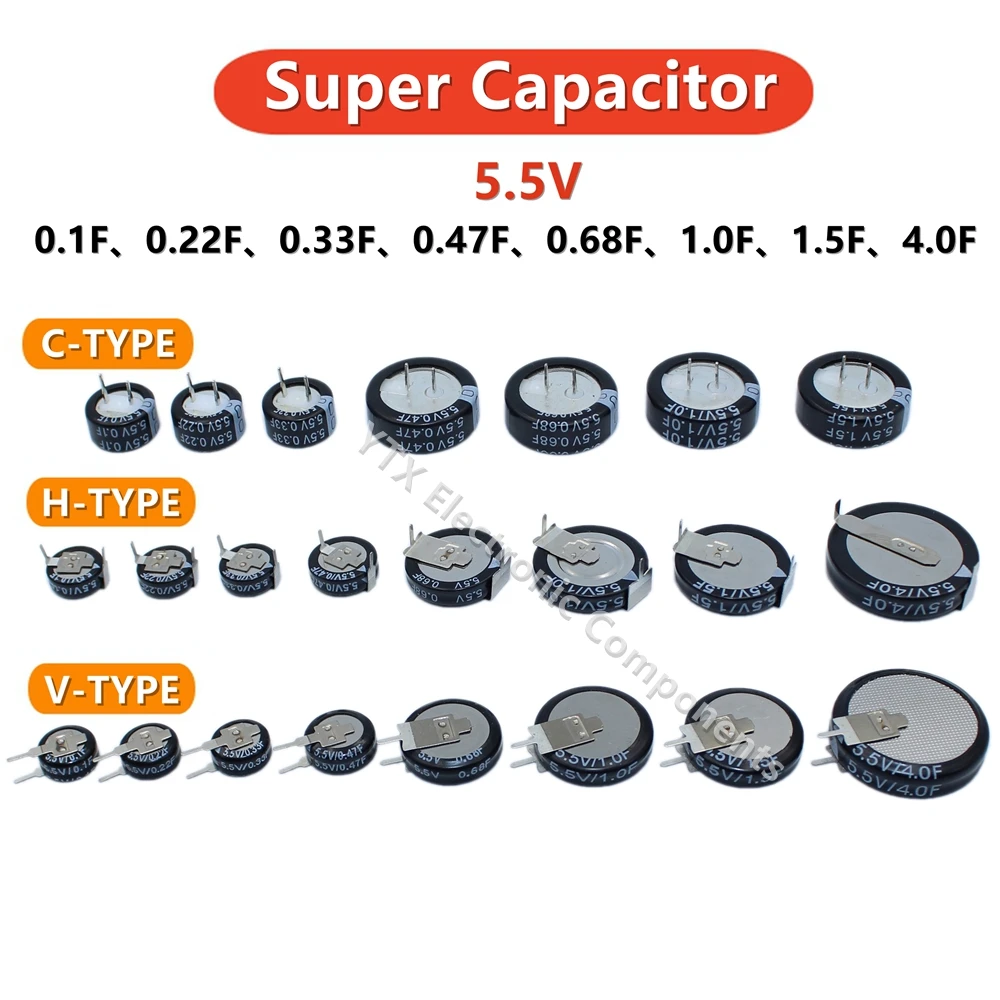 5.5V Super Capacitor 0.1F 0.22F 0.33F 0.47F 0.68F 1F 1.5F 4.0F Super Farad Capacitor H-Type V-Type C-Type Button Capacitance
5.5V Super Capacitor 0.1F 0.22F 0.33F 0.47F 0.68F 1F 1.5F 4.0F Super Farad Capacitor H-Type V-Type C-Type Button Capacitance