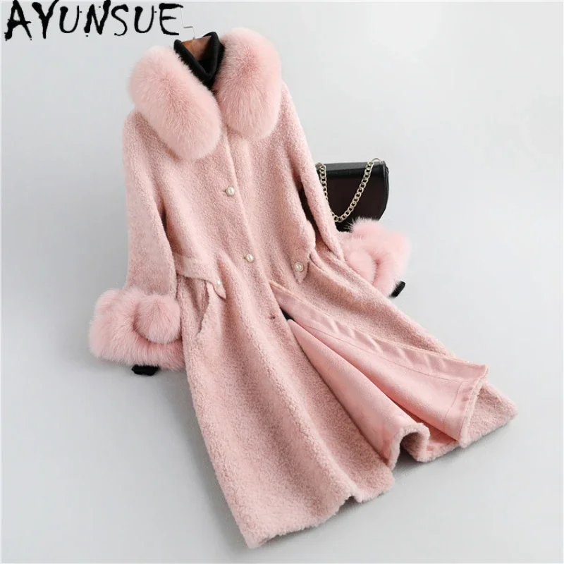 

AYUNSUE High Quality Sheep Shearing Jacket for Women 100% Wool Coats Female Autumn Winter Luxury Fox Fur Collar and Cuff Abrigos