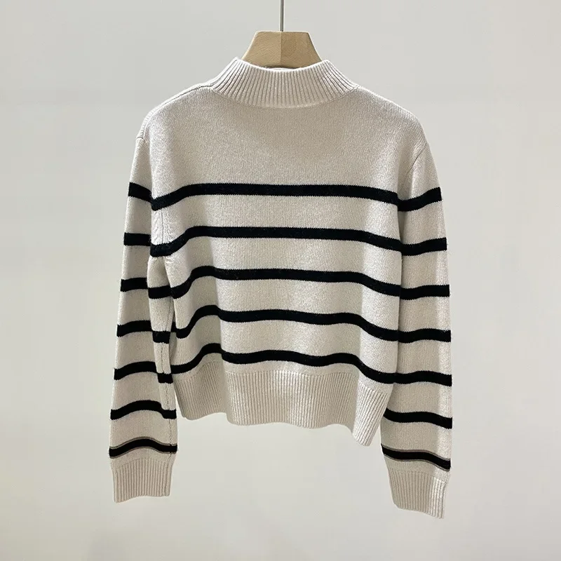 New Two-color Striped Half Turtleneck Cashmere Sweater Bead Chain Bottoming Top 2023 Autumn and Winter
New Two-color Striped Half Turtleneck Cashmere Sweater Bead Chain Bottoming Top 2023 Autumn and Winter