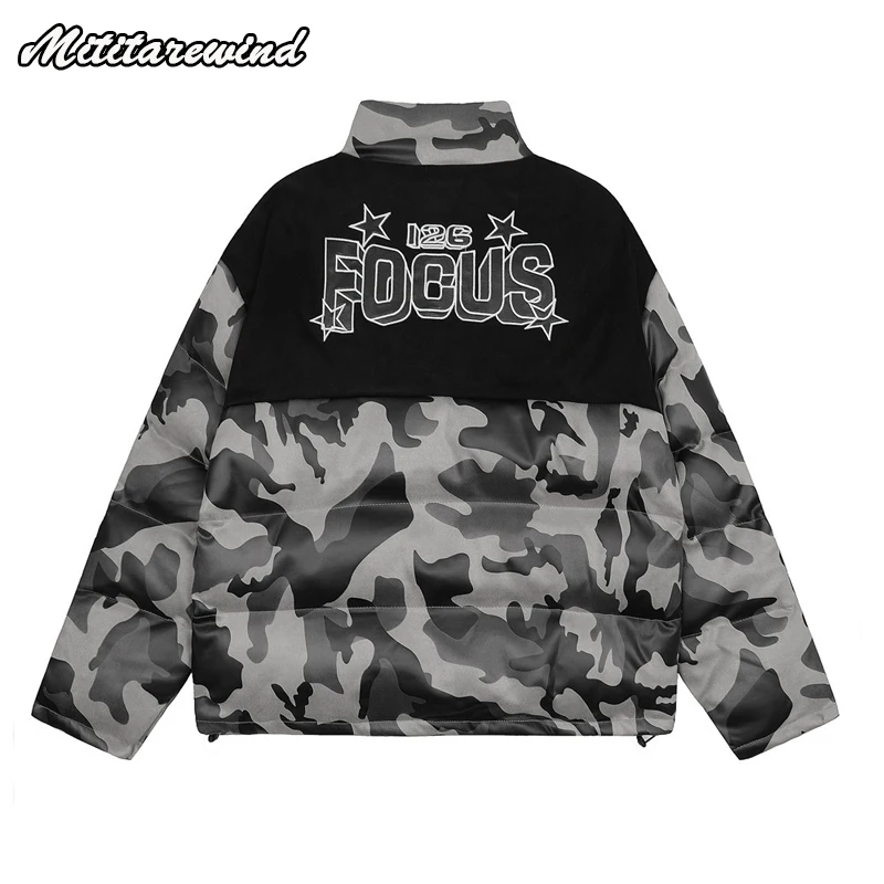 

Camouflage Letter Patches Embroidery Loose Parkas For Men Spliced Casual Baggy Winter Coats Warm Thick Stand Collar