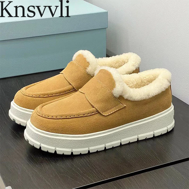 

Winter Shoes Woman Cow Suede Round Toe Slip-On Flat Shoes Wool Warm Thick Sole Shoes Woman Comfort Walk Shoes For Women