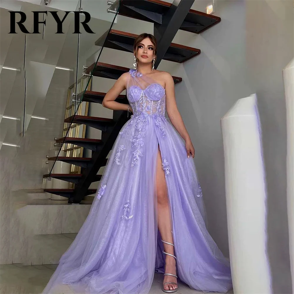 

RFYR 3D Flowers Tulle A Line Prom Dress Sweetheart Lilac Evening Dress One Shoulder Side Split فستان سهرة Princess Party Dress