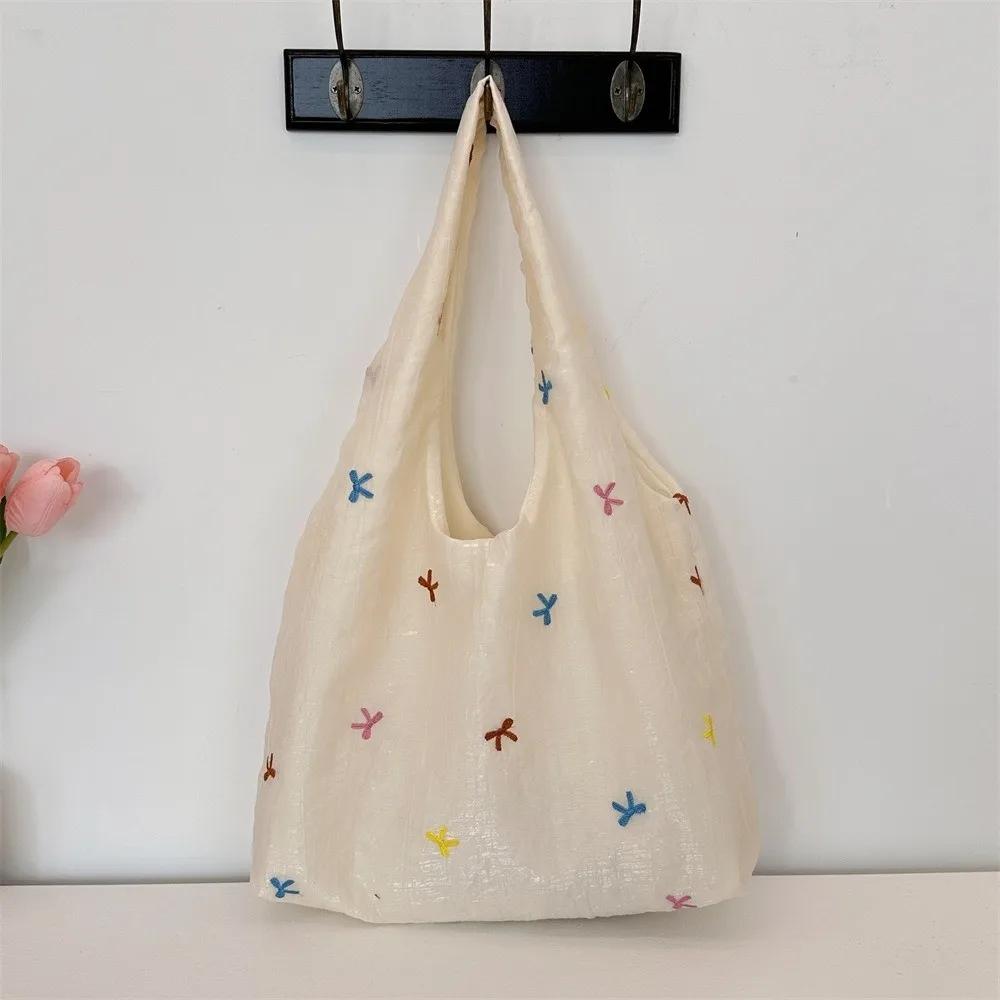 Simple Embroidered Bow Tote Bag Chiffon Solid Color Cherry Shoulder Bag Light Weight Korean Style Canvas Underarm Bag Handbag Simple Embroidered Bow Tote Bag Chiffon Solid Color Cherry Shoulder Bag Light Weight Korean Style Canvas Underarm Bag Handbag