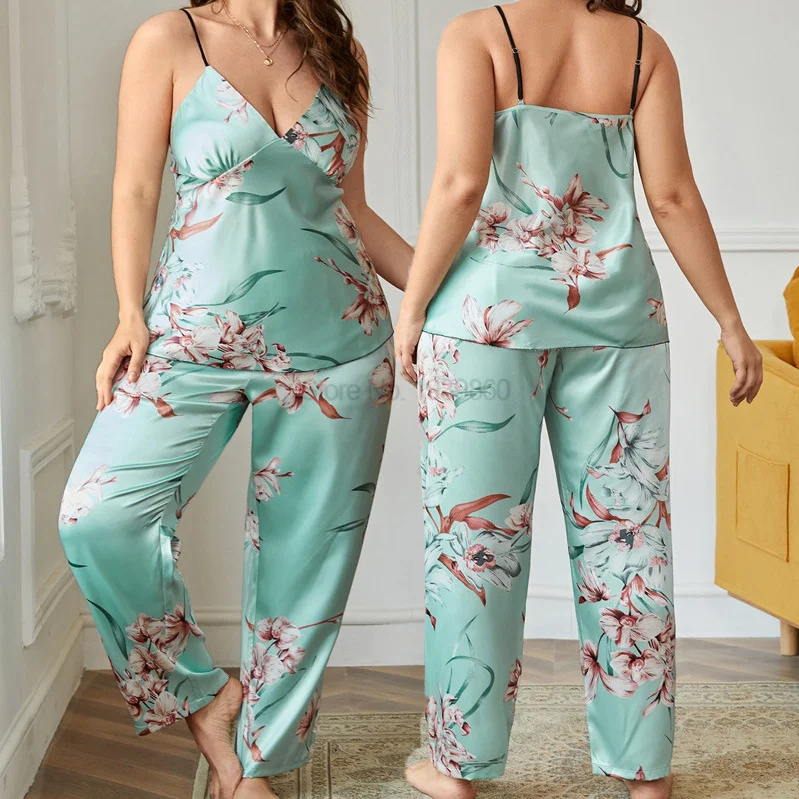 Loose Two Pieces Spaghetti Strap Sling&Pants Suit Print Flower Pajamas Pour Femme Satin Sleepwear Lounge Wear V-Neck Sleep Set
Loose Two Pieces Spaghetti Strap Sling&Pants Suit Print Flower Pajamas Pour Femme Satin Sleepwear Lounge Wear V-Neck Sleep Set