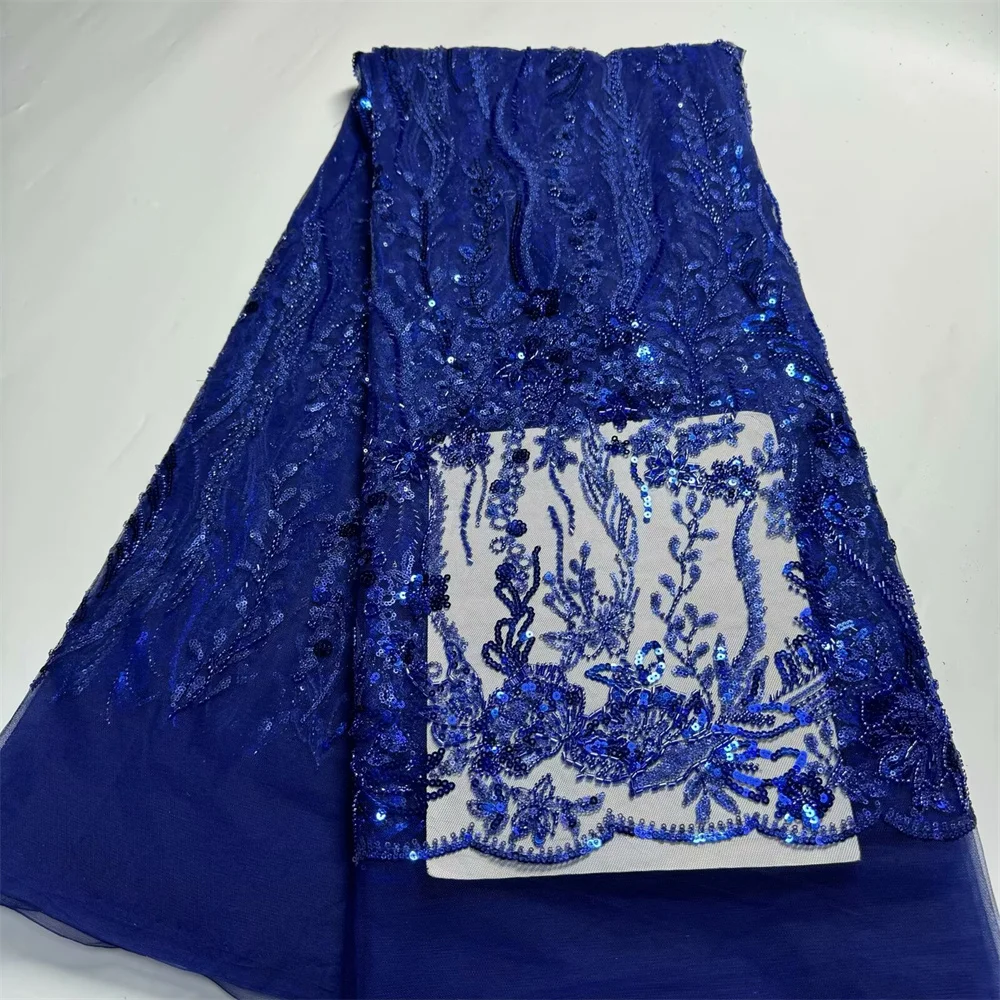 

2024 French Lace Fabric High Quality African Lace Royal Blue Beaded Sequined Lace Fabrics For Wedding Dress 5 Yards
