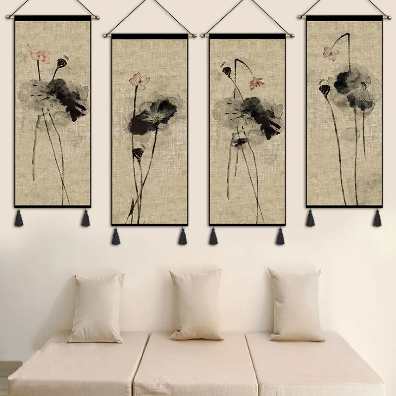 

New Chinese Lotus Tapestry Zen Simple Living Room Bedroom Decorative Painting Background Wall Painting Room Decor Aesthetic