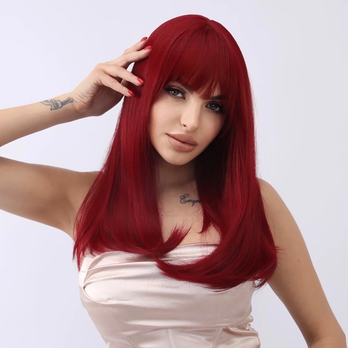 

Wine Red Light Color Straight Bang Bob Wig For Women Natural Synthetic Fiber Wigs Daily Cosplay Party Heat Resistant Fiber Hair