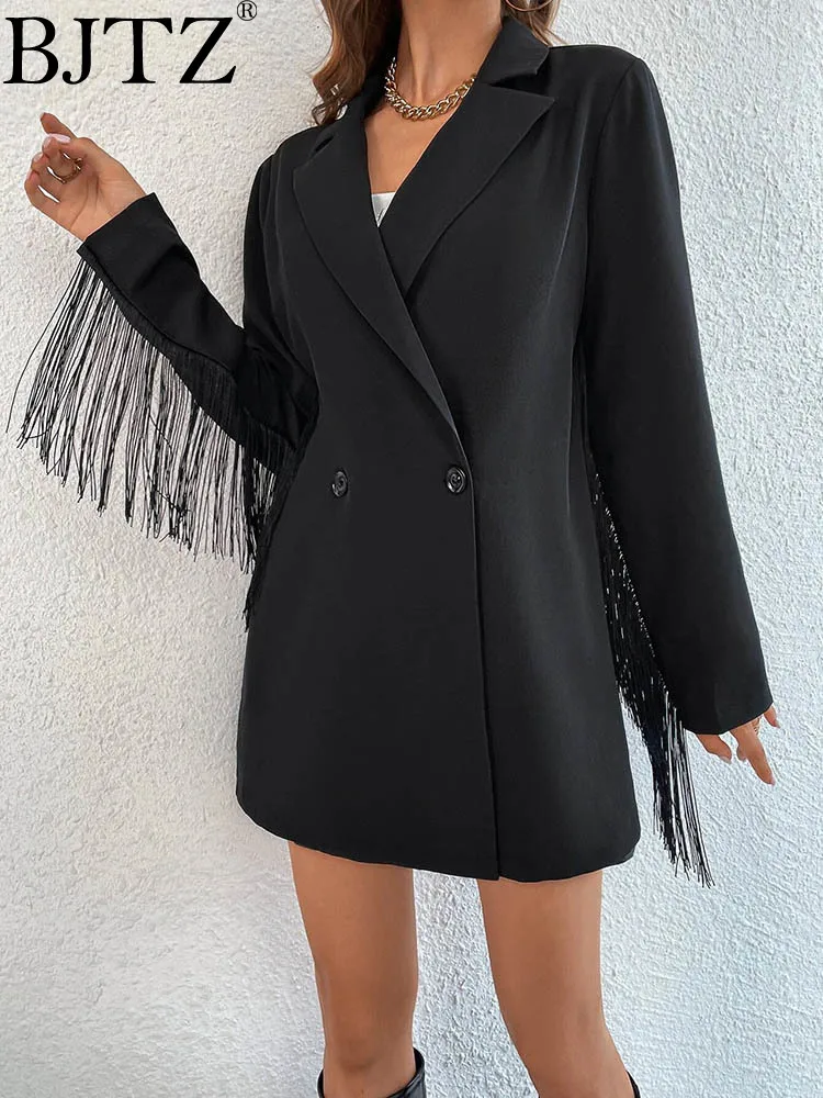 

BJTZ 2024 Women's Spring/summer SlimLapel Neck Fringe Trim Longline Blazer Suit Casual Fringe Cuff Lapel Embellished Suit Jacket