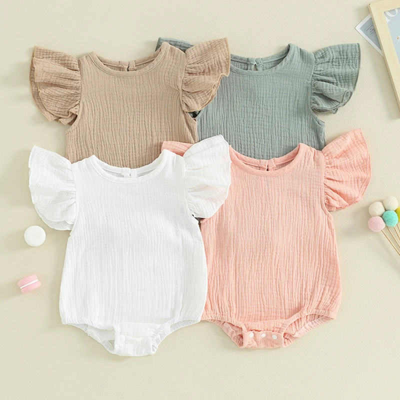 

Tregren 0-18M Newborn Baby Girls Rompers Solid Color Round Neck Fly Sleeve Infant Bodysuits Summer Short Jumpsuit Clothes