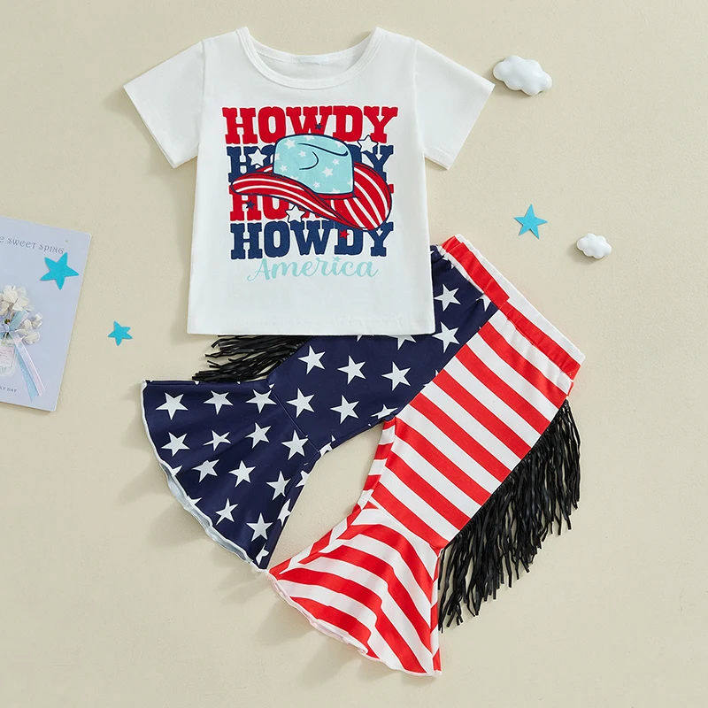 

Little Girls Independence Day Pants Sets White Short Sleeve Letter Print T-shirt Tops Stars Stripe Print Flared Pants Sets 6M-3Y