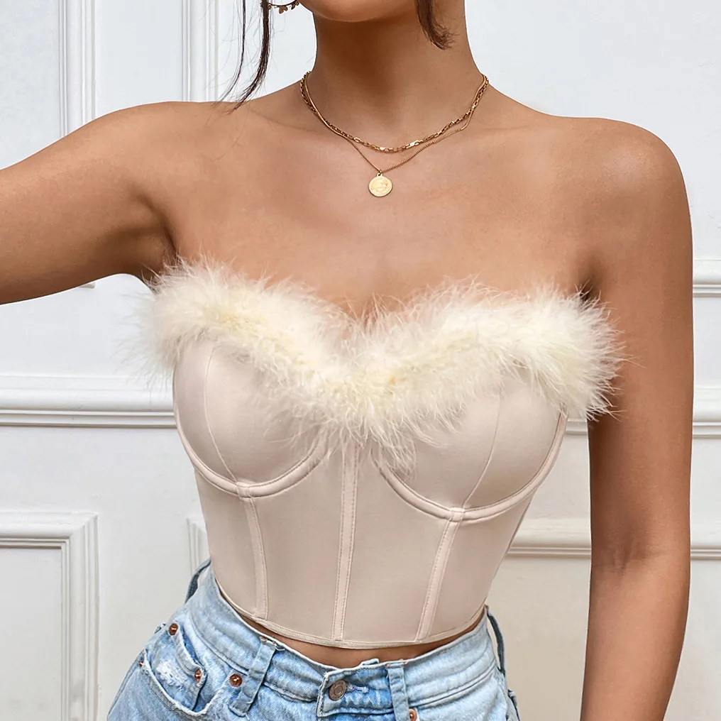 

Feather Off Shoulder Strapless Lace Up Sexy Bustier Corset Crop Tops for Women Sleeveless Vest Top Cropped Party Streetwear