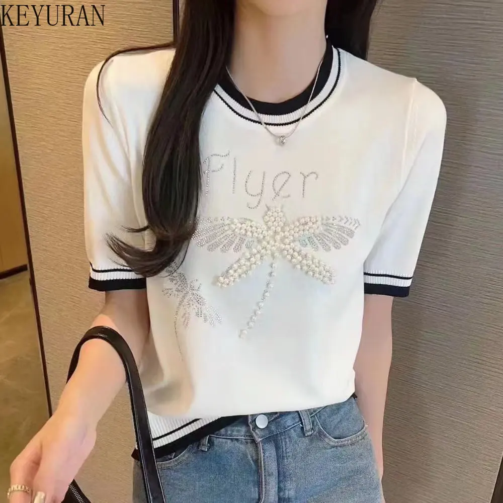 

Pearls Beading Contrast Color Short Sleeve Sweater Women Knit T-Shirt 2023 New Summer Casual Loose O-neck Diamonds Knitwear Tops