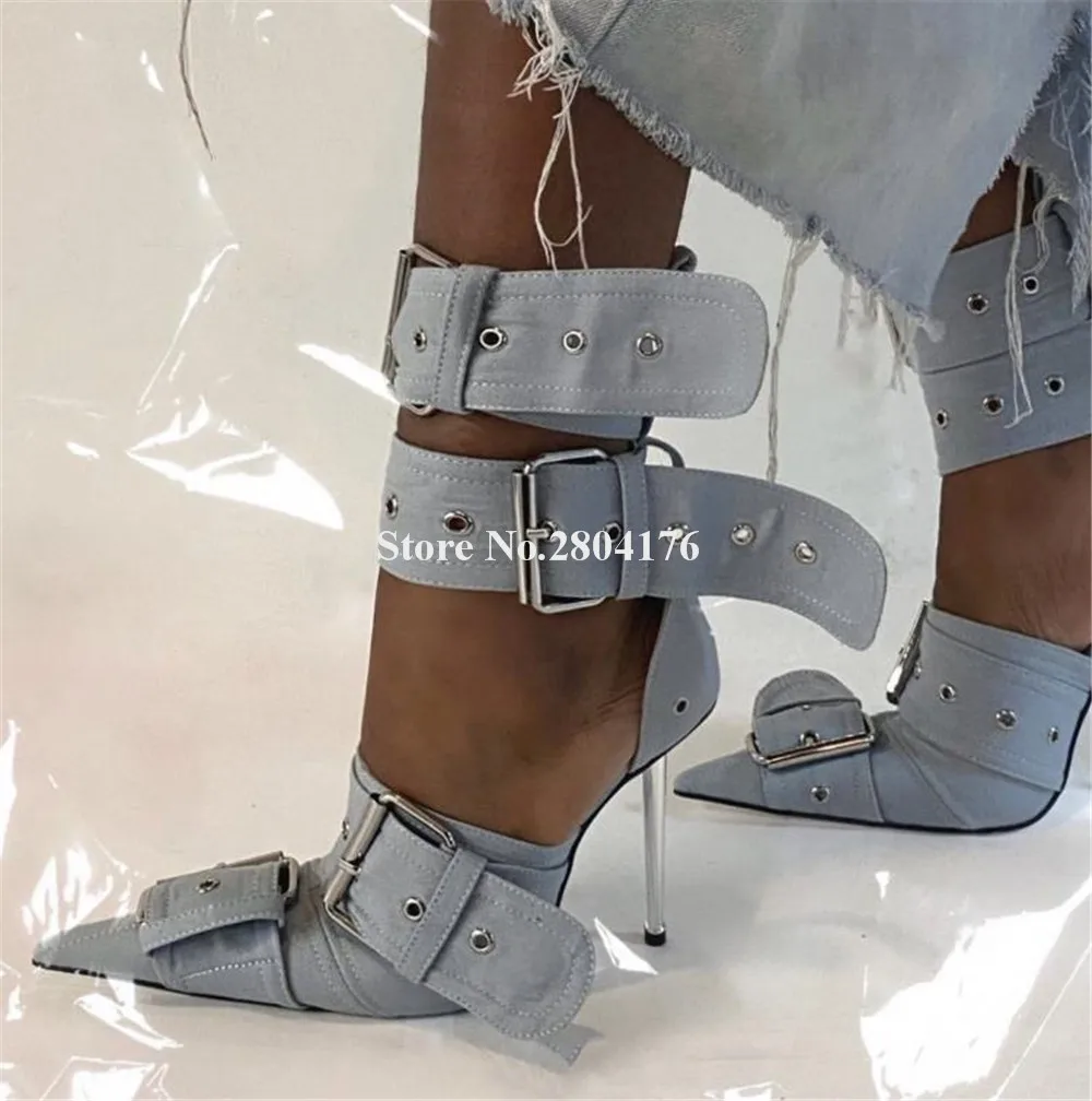 

Sexy Big Buckles Decorated Metal Stiletto Heel Pumps Pointed Toe Blue Beige Silver Ankle Straps Thin Heel Dress Shoes
