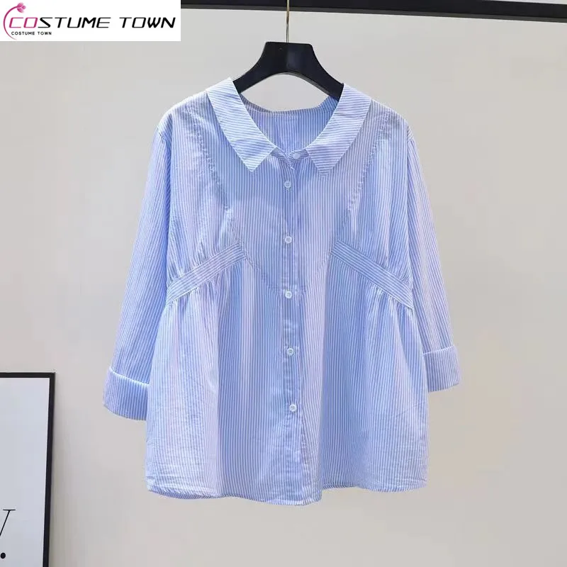 

Light Blue Vertical Striped Shirt Women's Waist Collection Long Sleeved Cotton Shirt Spring and Summer Small Fresh Loose Top