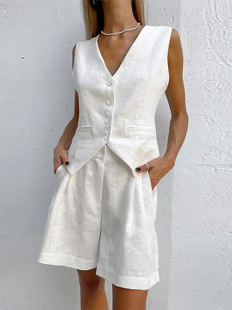 Women's V Neck Sleeveless Single Breasted Waistcoat 2 Pieces Sets Elegant Soild Loose Shorts Suits New Office Lady Outfits
Women's V Neck Sleeveless Single Breasted Waistcoat 2 Pieces Sets Elegant Soild Loose Shorts Suits New Office Lady Outfits