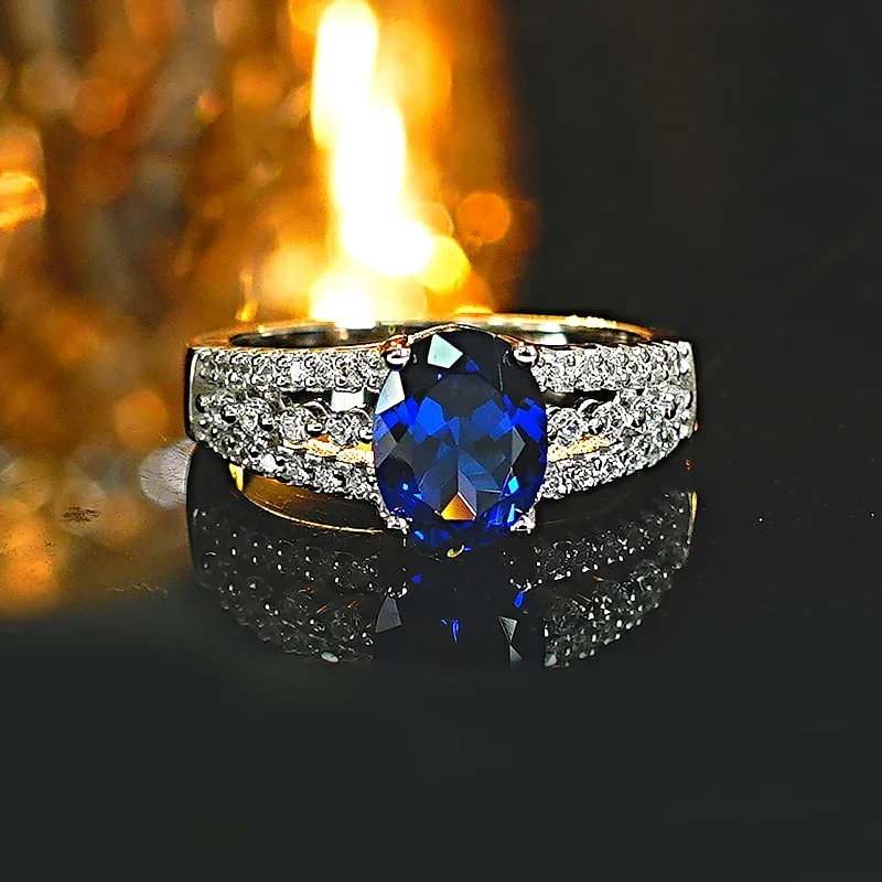 

Versatile Oval Blue Treasure 925 Silver Ring Set, Unique Design Jewelry with Blue Corundum Temperament
