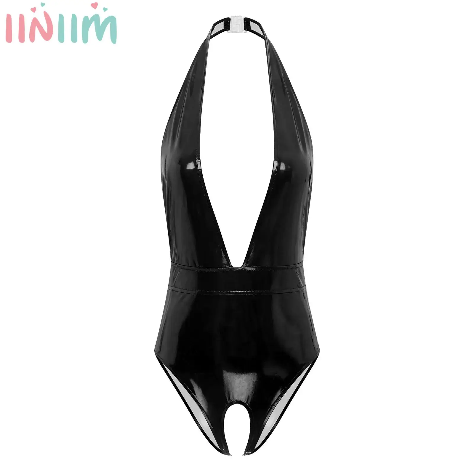 

Womens Wet Look Patent Leather Halter Deep V Neck Backless Bodysuit Crotchless Leotard Sleeveless Sexy Catsuit Clubwear
