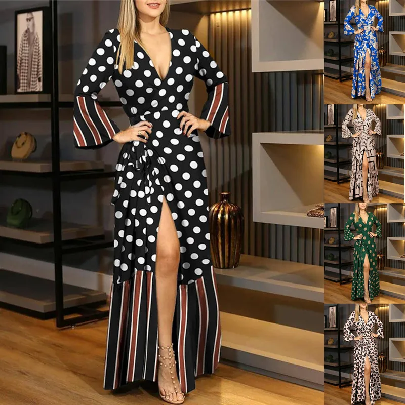 New autumn and winter Europe and the United States long sleeve strap V-neck print dress for women
New autumn and winter Europe and the United States long sleeve strap V-neck print dress for women