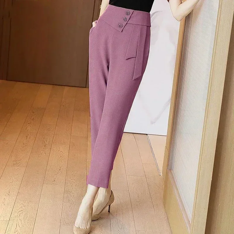 

Women's fashion clothing button stitching casual straight leg pants autumn high waisted capris