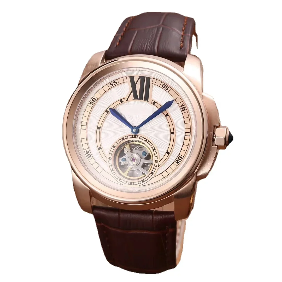 

Luxury New Mens Mechanical Watch Automatic Tourbillion Rose Gold Black Brown Leather Fashion Watches