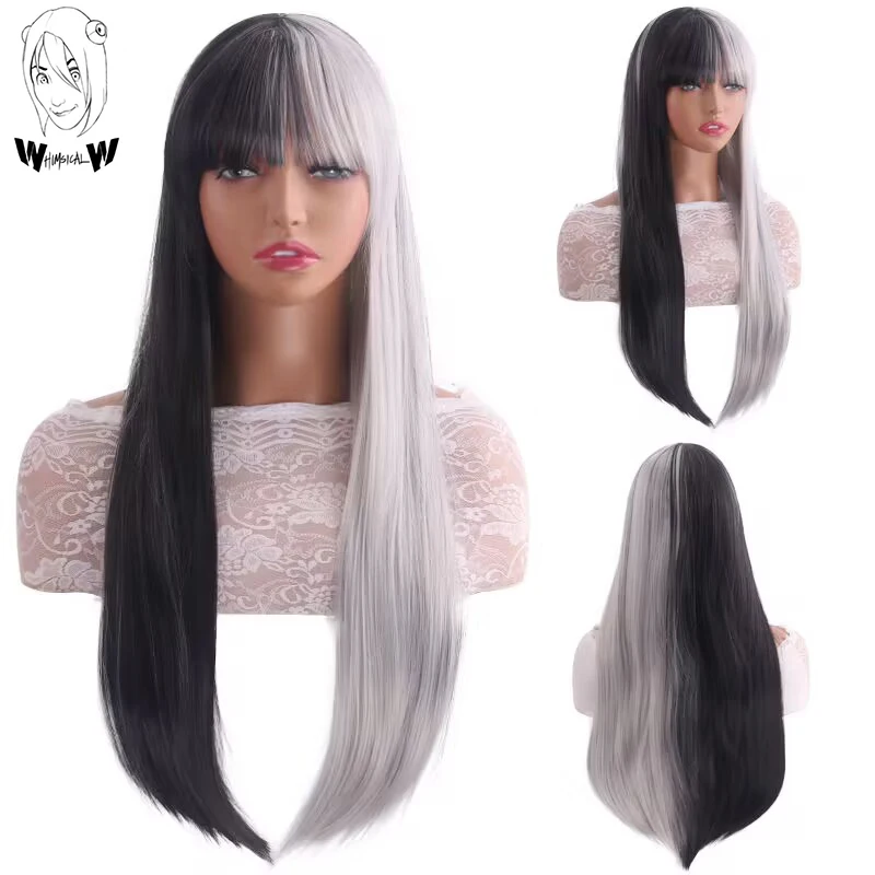

WHIMSICAL W Black And Silver White Long Straight With Bangs Wig for Women Rayon Heat Resistant Synthetic Wigs Cosplay Party