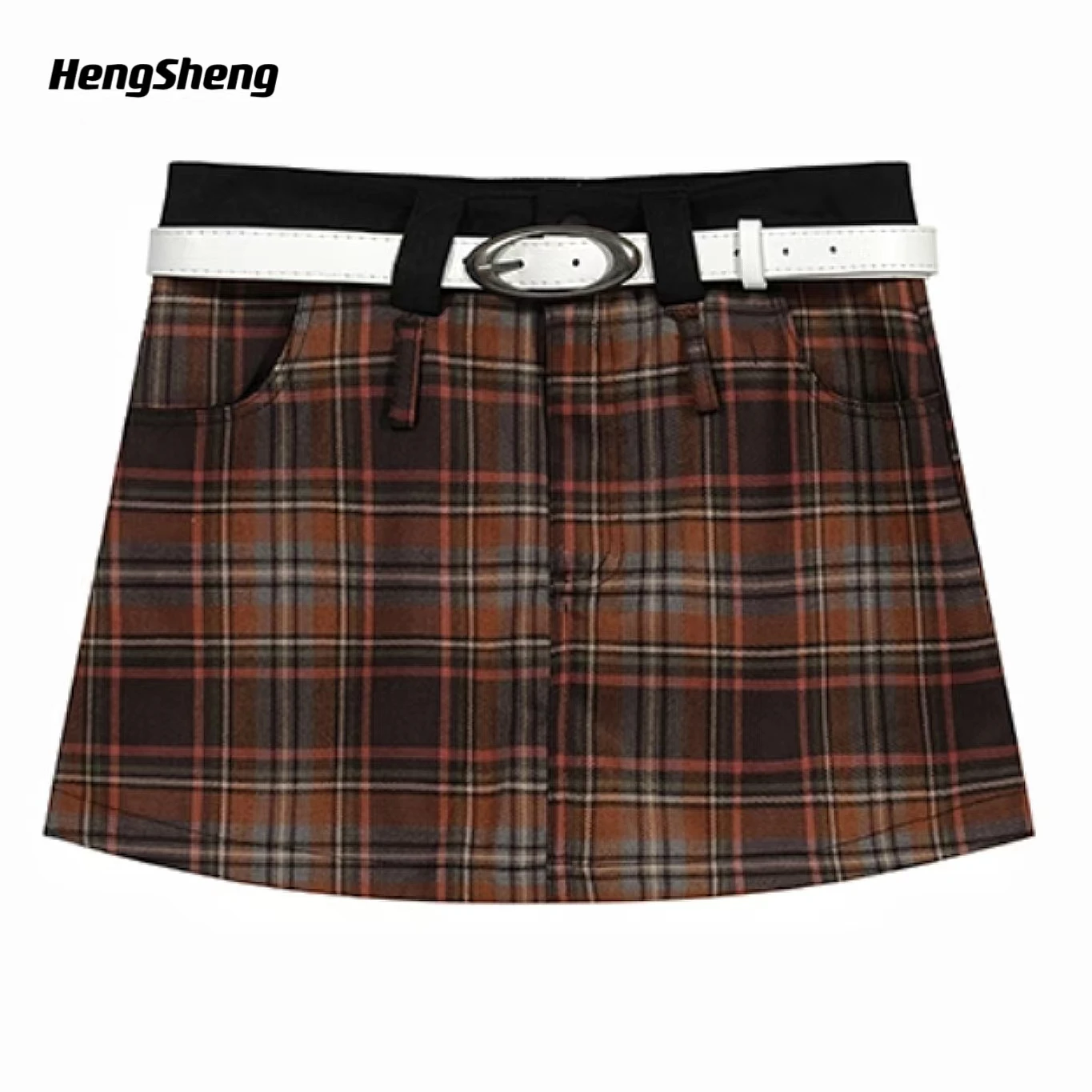 

Elegant and Chic Checkered Skirt with Belt and A-line Silhouette for England Style and Korean Style Woman Clothing Mini Skirt