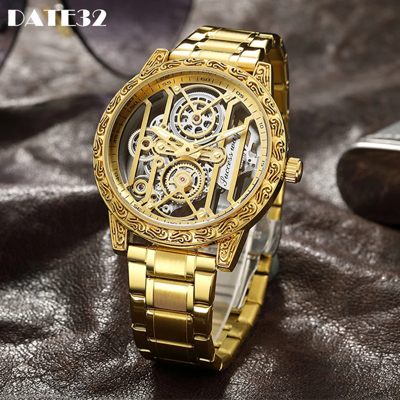 

Skeleton Hollow Men Watches Luxury Steampunk Vintage Old Gold Quartz Watch Stainless Steel Engraved Man Mechanical Style Clock