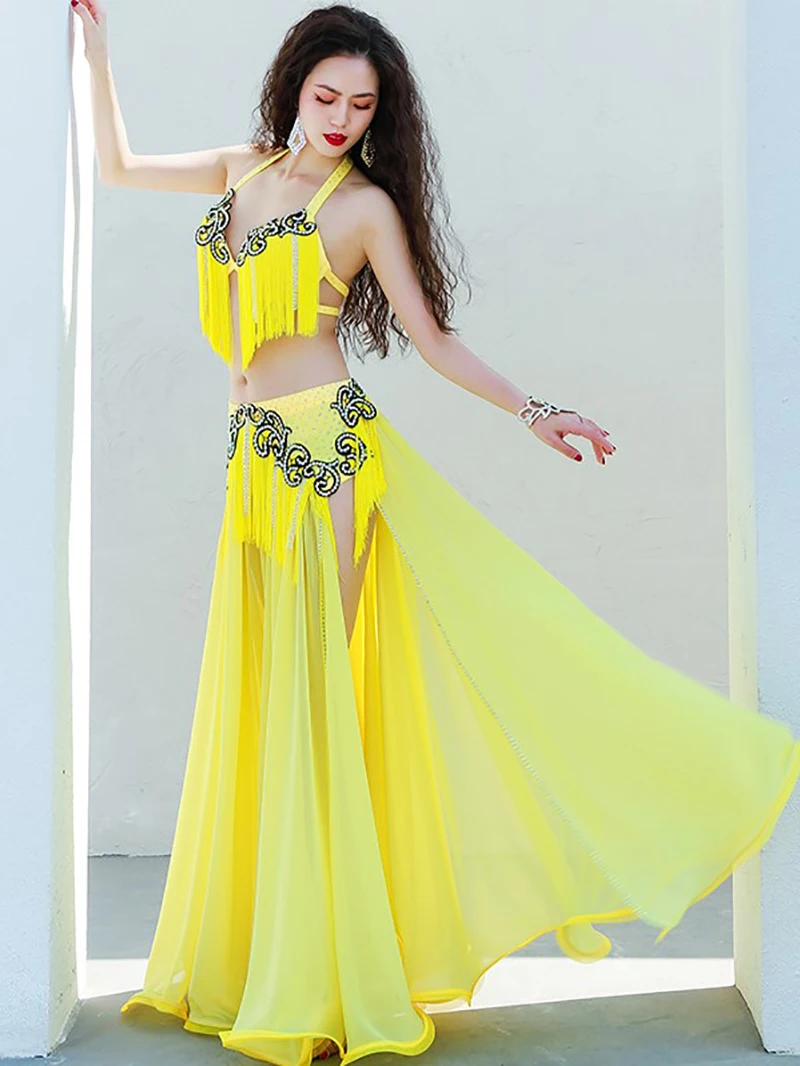 

Yellow Women Dancewear Adult Sequin Flash Drill Belly Dance Clothing Dynamic Tassel Split Competition Stage Performance Costumes