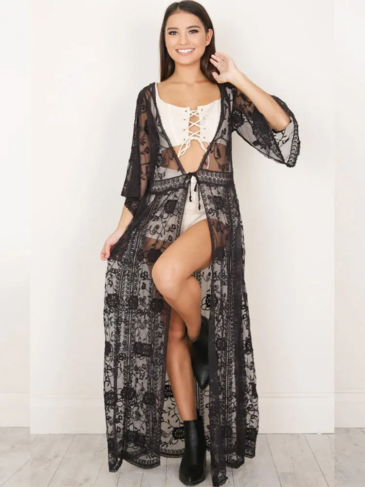 

2023 Sexy See Through Plunging Neck Half Sleeve High Waist White Lace Tunic Plus Size Women Summer Beach Wear Maxi Dress Q893