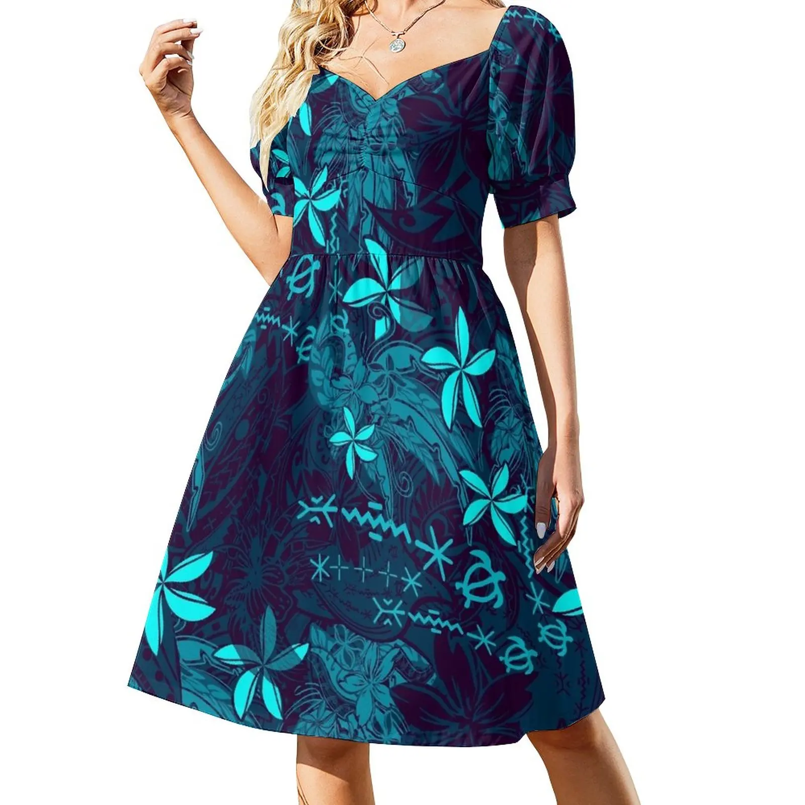 

Polynesian Teal Tribal Leaf And Floral Printed Dress long dresses for women Dresses Beachwear luxury evening dresses 2023