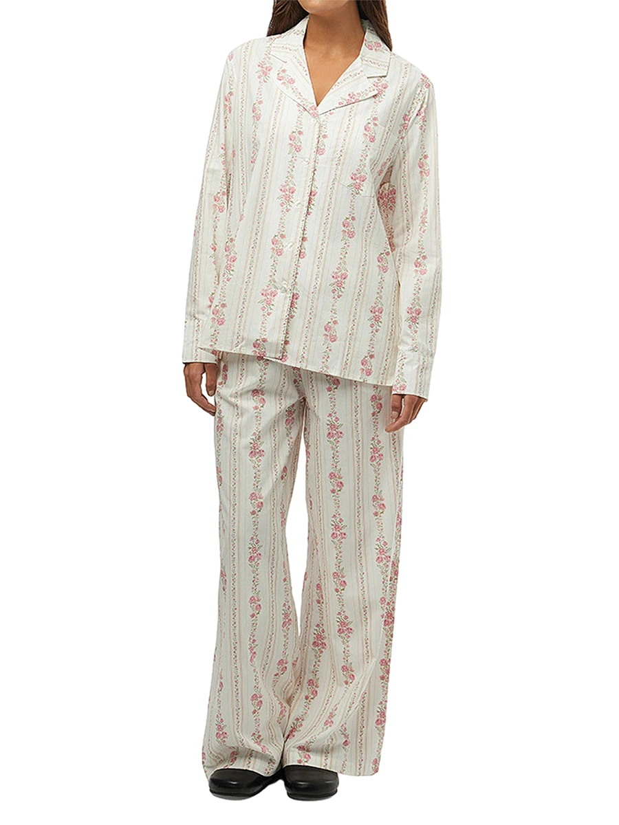 

Женская пижама с принтом фруктов, комплект для отдыха Y2K, повседневный комплект из 2 предметов с цветочным принтом, рубашка с длинным рукавом и пуговицами, широкие брюки