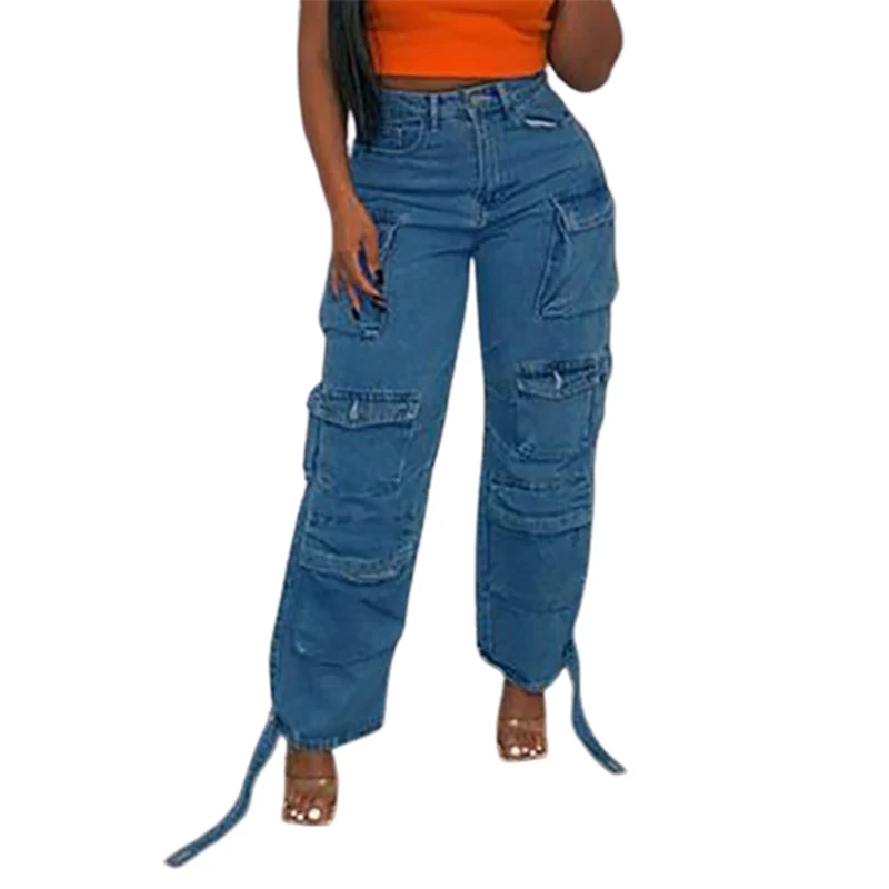 

Fashion Multiple Pockets Splicing Straight Jeans Women Work Style Trousers Female Trend Streetwear New Casual Loose Denim Pants