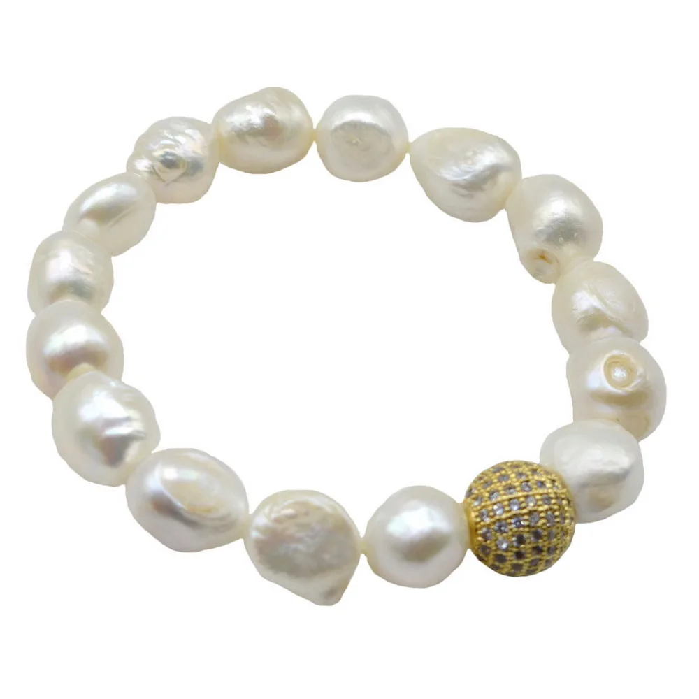 

Natural pearl bracelet white baroque pearls gold cubic zirconia ball accessories elastic jewellery