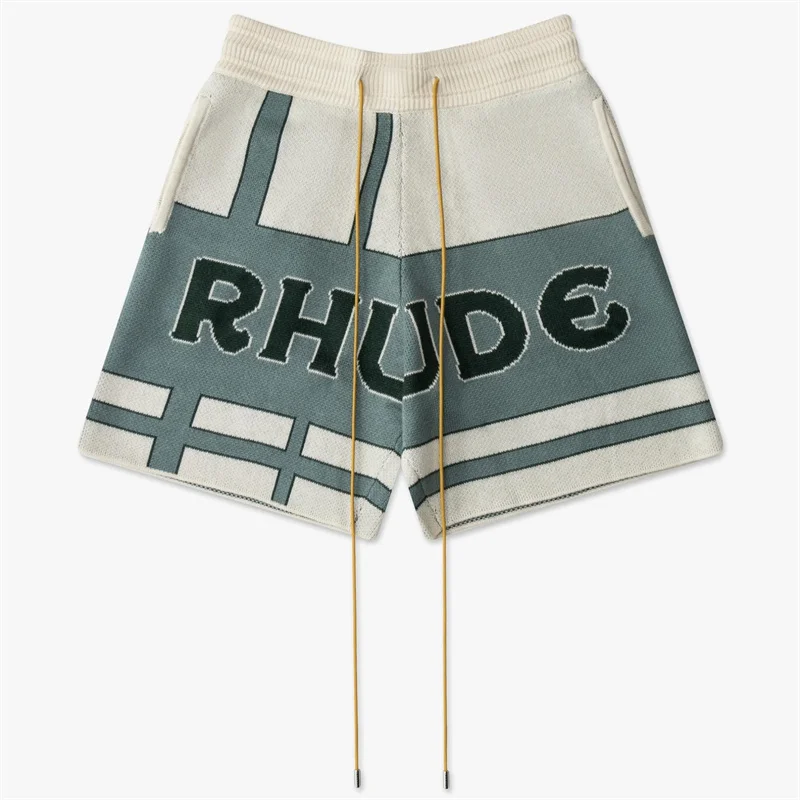 

Correct Version RHUDE Knitted Shorts Vintage Letters Logo Placard Jacquard Wool Mens Womens Drawstring Shorts White Blue