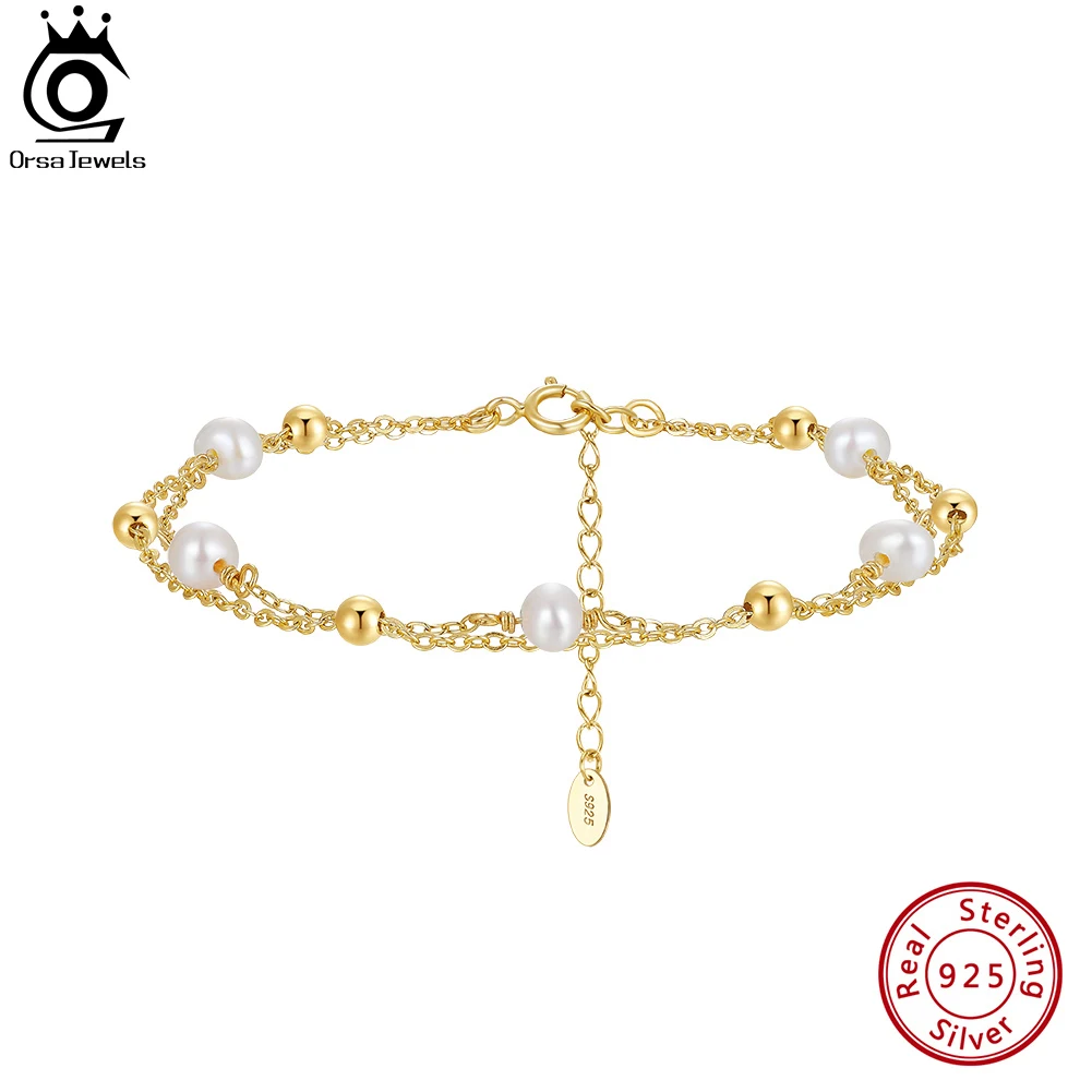 

ORSA JEWELS 14K Gold Double Layered Chain Bracelet 925 Sterling Silver 4mm Natural Pearl Bracelet for Women Summer Jewelry GPB32