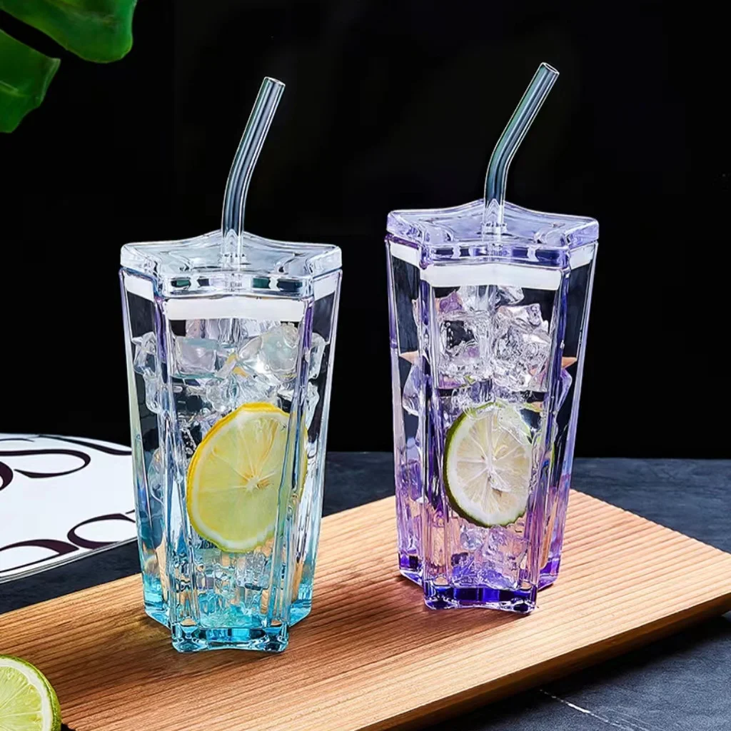 

Straw Cup High Value Pentagram Glass Cup Color Gradient Cold Drink Cup With Lid Coffee Milk Juice Cup Summer Drinking Cup