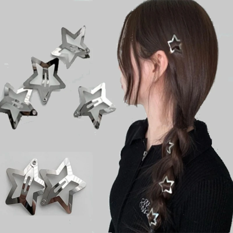 

Silver Star Small Hairpin Y2K Female BB Cool Metal Texture Clip 2023 New Hair Side Accessories Clips Pentagram Headdress
