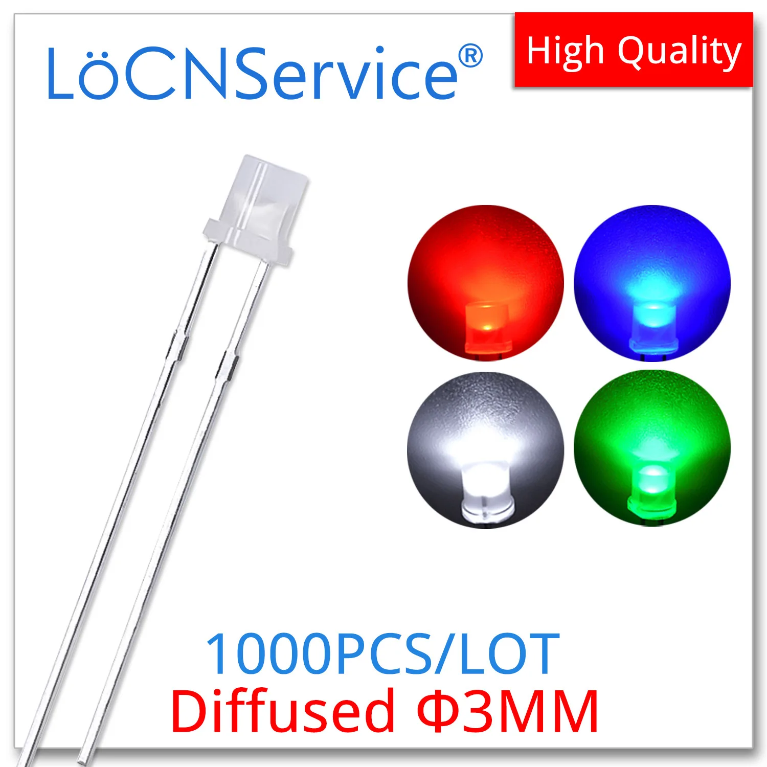

LoCNService 1000PCS 3mm F3 Diffused Flat Top DIP LED Red Blue White Pure green Long Pins High quality bead light emitting diode