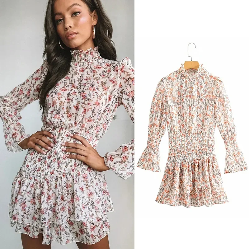 

Women Cottagecore Dress Woman Summer Slim Body Clothes Floral Print Pastoral New French Puff Long Sleeve Stretch Dresses Female