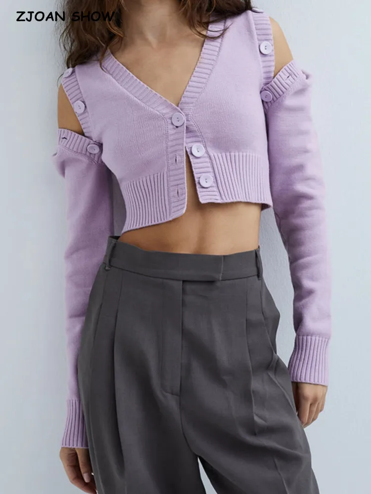 

Autumn 2 style Wears Open Buttons Slit Shoulder Crop Cardigan 2022 Women Retro Knitted Sweater Sexy Removable Sleeve Slim Jumper