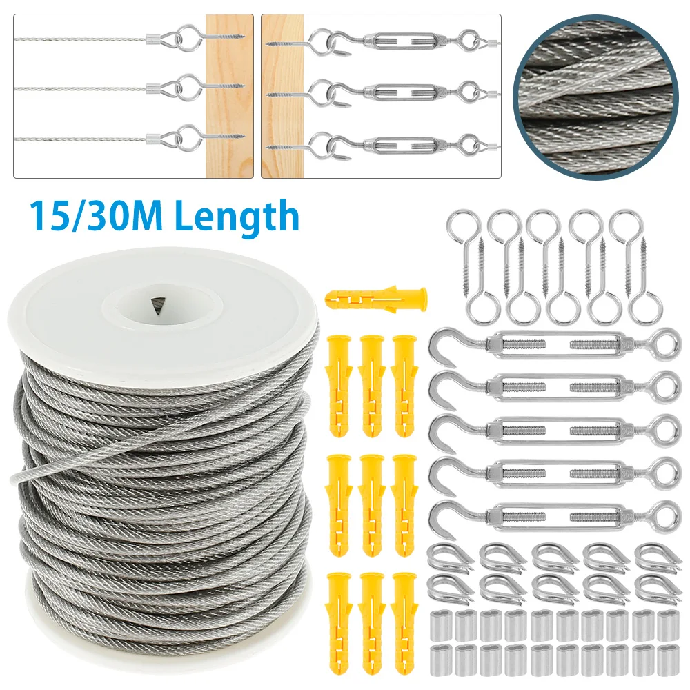 15M/30M Stainless Steel Heavy Duty Cable Rope Garden Wire Cable Railing Wire Fence Roll Kits for Outdoor Tent Rope Cleaning Rope
15M/30M Stainless Steel Heavy Duty Cable Rope Garden Wire Cable Railing Wire Fence Roll Kits for Outdoor Tent Rope Cleaning Rope