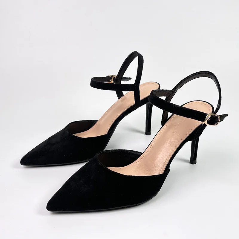 

2023 Summer Women Elegant High Heel Sandals Pointed Toe Buckle Strap Flock 8CM Thin Heels MATURE Office Career Women Shoes black