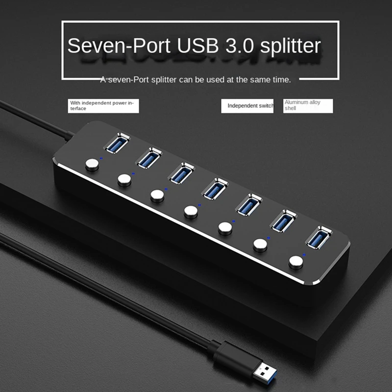 

USB 3.0 Адаптер питания, 7 портов, разветвитель из алюминиевого сплава, док-станция, 3,0 USB мульти-разветвитель, переключатель 1,2 м, кабельный концентратор