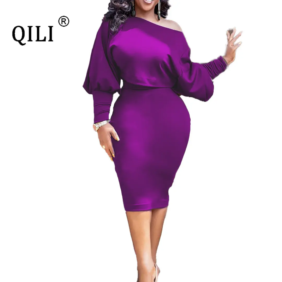 

QILI-Puff Sleeve Dress, Diagonal Collar, Off-Shoulder, Long-sleeved Top with Buttocks and High Waist Suit, 2-Piece