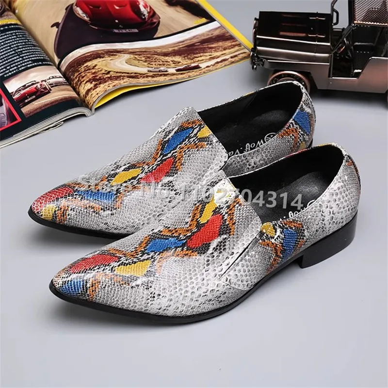 

Fashion Mixed Color Snakeskin Leisure Man's Loafers Retro Pointed Toe Square Heel Shallow Slip-On Male Party Dress Oxfords Shoes