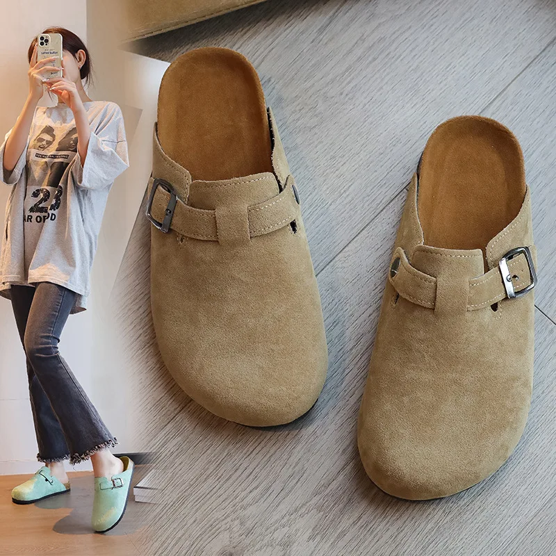 

XIZOU 2023 Fashion Suede Mules Slippers Boston Clogs Cork Insole Sandals With Arch Support Outdoor Beach Slides Home Shoes