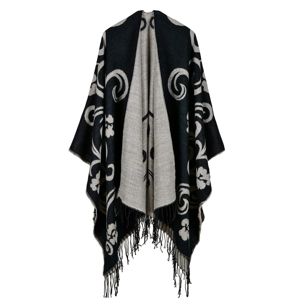

Women's Tassel Imitate Cashmere Shawl Autumn Winter Can Be Thickened Wear on Both Sides Lady Ponchos Capes Black