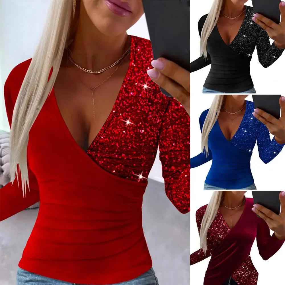 Women Top Sequin Patchwork V Neck Blouse for Women Long Sleeve Slim Fit Irregular Hem Pleated Pullover Fall Spring Shiny Lady
Women Top Sequin Patchwork V Neck Blouse for Women Long Sleeve Slim Fit Irregular Hem Pleated Pullover Fall Spring Shiny Lady