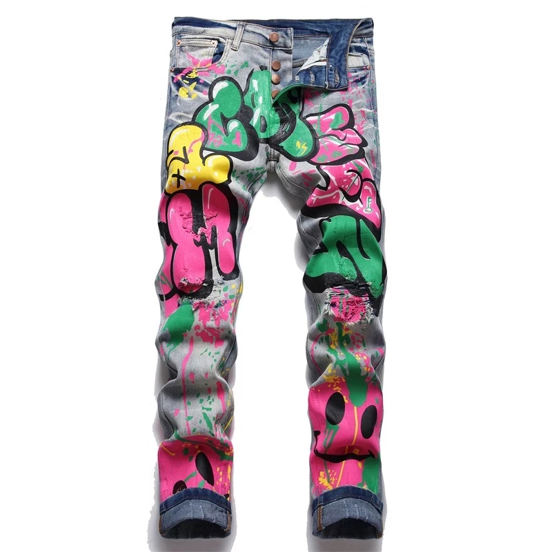 Men Colored Doodle Painted Denim Jeans Streetwear Punk Stretch Denim Print Pants Buttons Fly Holes Ripped Slim Pencil Trousers
Men Colored Doodle Painted Denim Jeans Streetwear Punk Stretch Denim Print Pants Buttons Fly Holes Ripped Slim Pencil Trousers