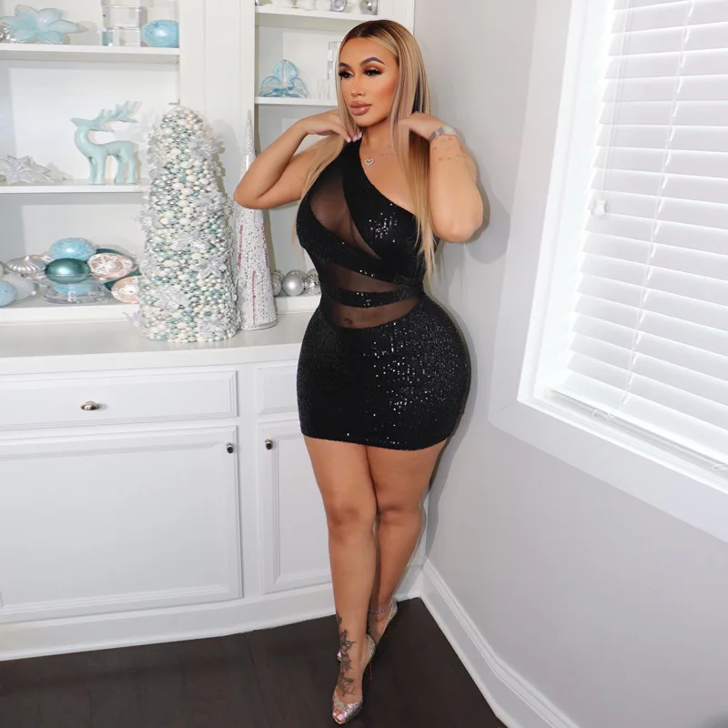 

Plus Size Summer Women's Sequins Stitching Gauze Perspective Tight Sexy Dresses Night Club Party Mini Dress 3XS-10XL 9XL 2024